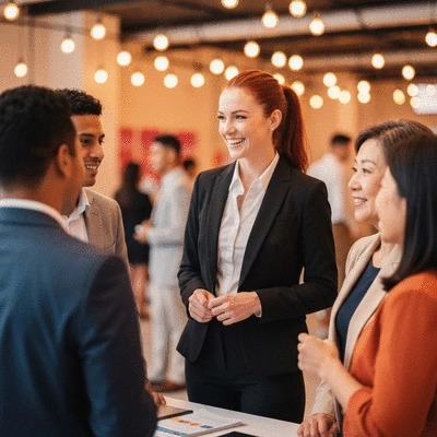 MLM marketer networking at an event, smiling and engaging with people