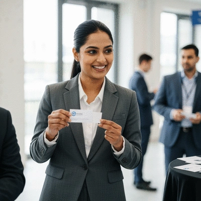 Professional woman networking at a business event, holding a business card, smiling, natural lighting, clean image