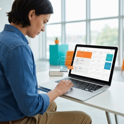 Person planning social media content on a laptop with a calendar overlay