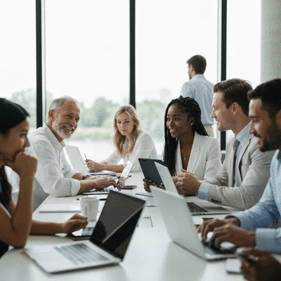 Group of diverse business professionals engaged in a workshop, demonstrating teamwork and active learning