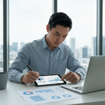 A person analyzing charts and graphs on a tablet and laptop, representing metrics and data for personal branding success in network marketing.