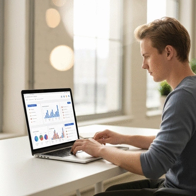 Person interacting with a social media automation dashboard on a laptop