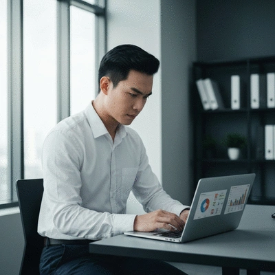 Person analyzing data on a laptop, showing charts and graphs