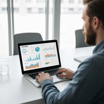 Person using a laptop to analyze marketing data, showing graphs and charts