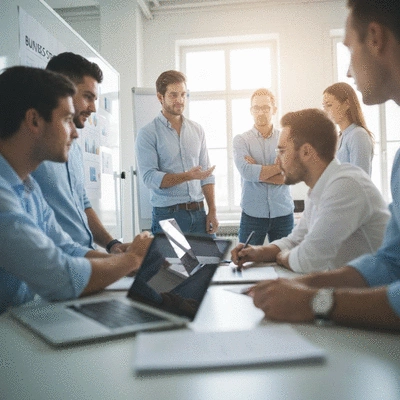 Diverse team collaborating on a business strategy, showing training and mentorship in action with laptops and whiteboards