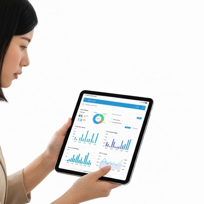 Person looking at email marketing analytics on a tablet with charts and graphs, clean image