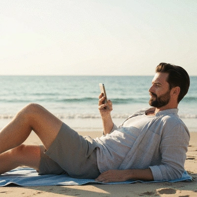 Person relaxing on a beach while checking their phone, representing passive income and financial freedom