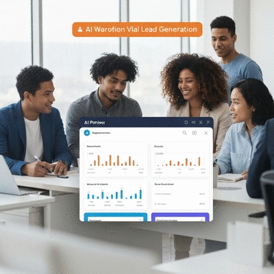AI-powered platform displaying lead generation metrics on a dashboard, with network marketers collaborating in the background, clean image