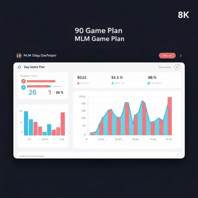 Digital dashboard showing progress tracking and metrics for a 90-day MLM game plan