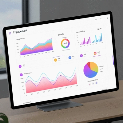 Data visualization showing engagement metrics, growth charts, and conversion funnels on a digital dashboard, clean and modern interface