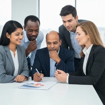 A diverse group of people collaborating on a business strategy, symbolizing effective lead generation and team building in network marketing.