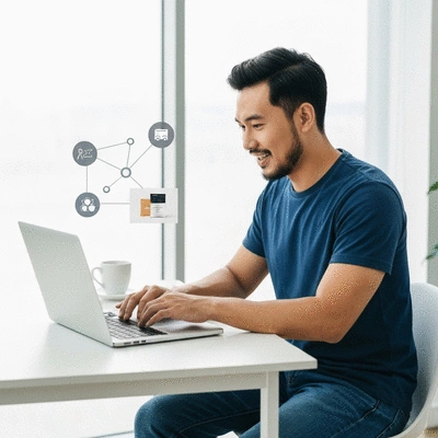 Person using a laptop to tell a story through a blog post or social media update, with network marketing elements subtly visible in the background.