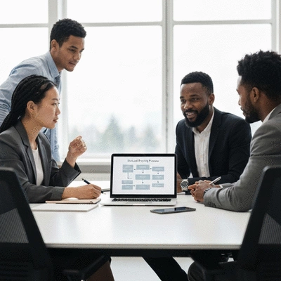 Sales team collaborating around a table with a laptop, showing a structured prospecting process flowchart, professional setting, bright and modern office