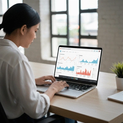 MLM marketer using social media automation tools on a laptop