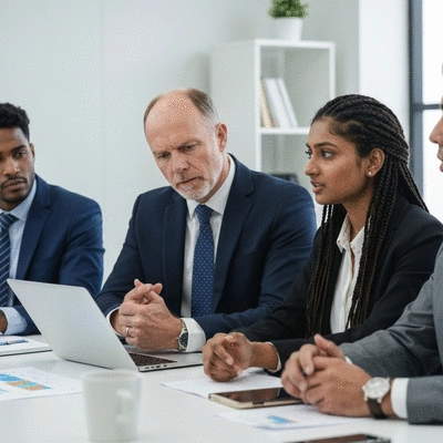 Diverse business professionals having an ethical discussion in a meeting room, symbolizing transparency and integrity