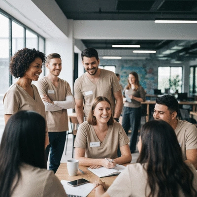 Diverse group of people collaborating and sharing ideas in a vibrant, modern coworking space, representing an MLM community.