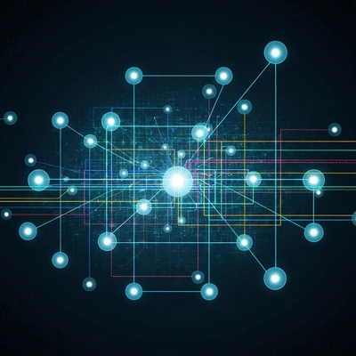 Abstract representation of data analytics and NLP with glowing nodes and lines, symbolizing predictive analytics and enhanced customer interactions, no text, no words, no typography, no labels, clean image