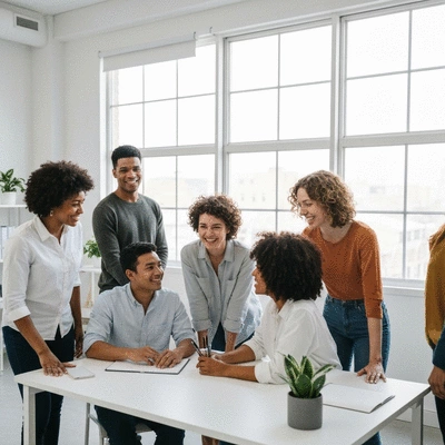 Diverse MLM team members collaborating and supporting each other in a modern office