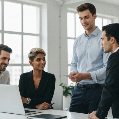 Group of diverse professionals collaborating and discussing social media insights, representing MLM success