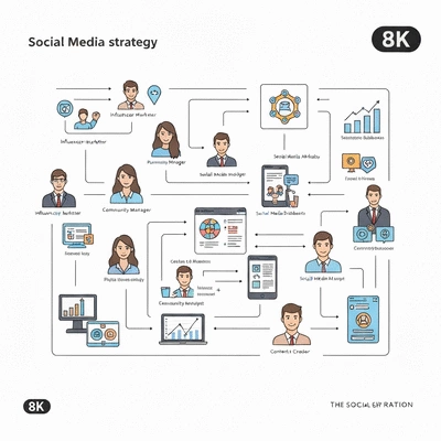 Roadmap illustration with icons representing different social media roles and tools, clean and professional design