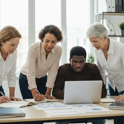 Diverse group of people collaborating on a marketing strategy, with laptops and notebooks. No text, no words, no typography, no labels, clean image.