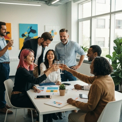 Diverse group of people collaborating and celebrating success in a modern office environment