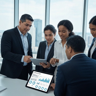 Diverse group of network marketers looking at a tablet displaying AI-driven insights for customer engagement, modern office setting, clean image