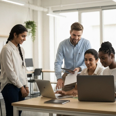 Modern office setting with diverse team collaborating on laptops and tablets, clean and bright, no text, no words, no typography