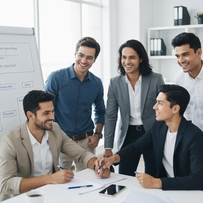 Diverse group of professionals collaborating in a modern office, representing high-quality MLM team members