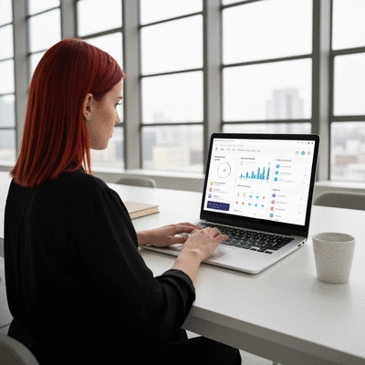 Person using a social media automation dashboard on a laptop, showing scheduled posts and analytics, bright modern office setting, no text, no words, no typography, 8K