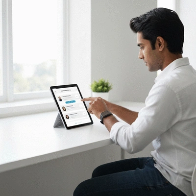 Person using a tablet with a chatbot interface, showing lead qualification questions