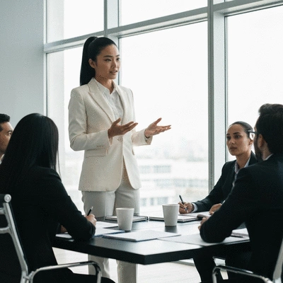 Team collaborating around a table, discussing strategy with charts and graphs, representing fine-tuning a model