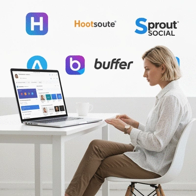 Person using a social media scheduling dashboard on a laptop with various tool logos like Hootsuite, Buffer, Sprout Social in background, clean and modern interface, no text, no words, no typography, 8K