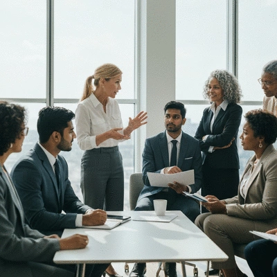 MLM leader discussing strategy with team members in a modern office, showing strong communication and collaboration