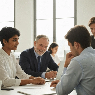 Diverse group of professionals collaborating ethically in a modern office environment, no text, no words, no typography, clean image, 8K