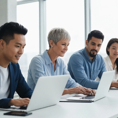 Diverse group of people collaborating remotely on laptops and tablets, representing global talent pool, bright natural lighting, no text, no words, no typography, clean image