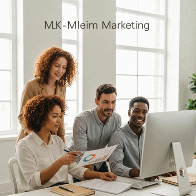 Diverse team collaborating on social media strategy in a modern office