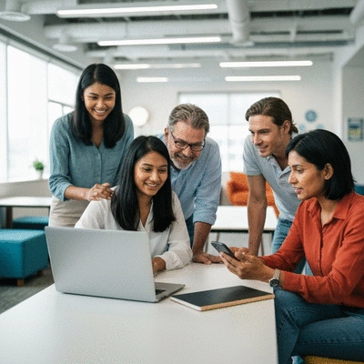 Diverse group of network marketers collaborating on social media strategies using laptops and phones, in a modern co-working space