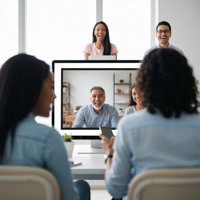 Team members collaborating virtually on a project, showing diverse people on video calls, vibrant and dynamic, no text, no words, no typography, clean image
