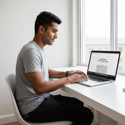 Person downloading digital resources for sales prospecting from a laptop, clean desk, modern setup