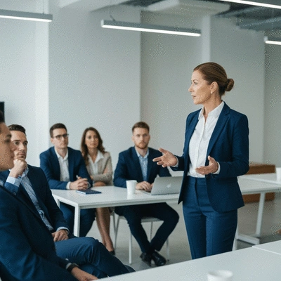 Professional woman giving a presentation on ethical business practices to a small group, no text, no words, no typography, clean image, 8K