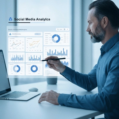 Person analyzing social media data on a dashboard, representing social listening for MLM