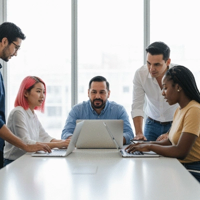 Diverse group of network marketers collaborating and discussing social media strategies around a table, using laptops and tablets, modern office environment, no text, no words, no typography, 8K