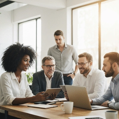 Diverse group of professionals collaborating and discussing business strategies in a modern office environment