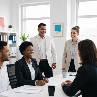 Diverse group of professionals collaborating in a modern office, representing ethical MLM principles