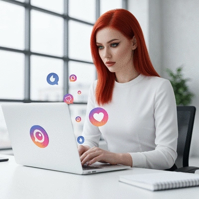 Person managing social media on a laptop with various social media icons floating around, bright and clean background, modern office setting