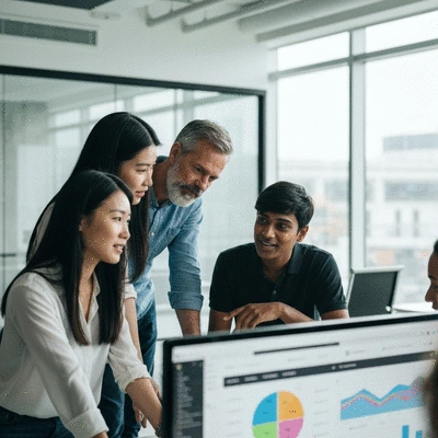 Diverse group of professionals collaborating on social media strategy, looking at charts on a screen, clean office environment