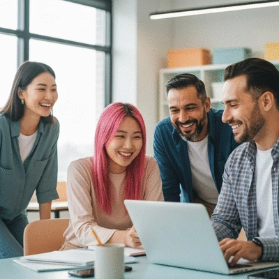 Diverse group of people collaborating happily, representing an MLM team