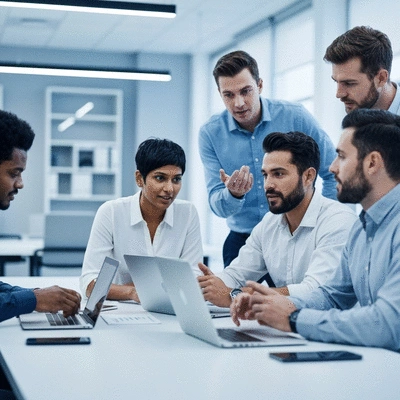 Diverse team members collaborating and communicating effectively in a modern office setting