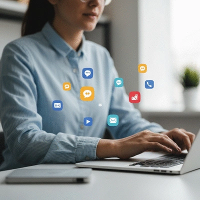 Person using a laptop with social media icons floating around, representing ethical social media automation